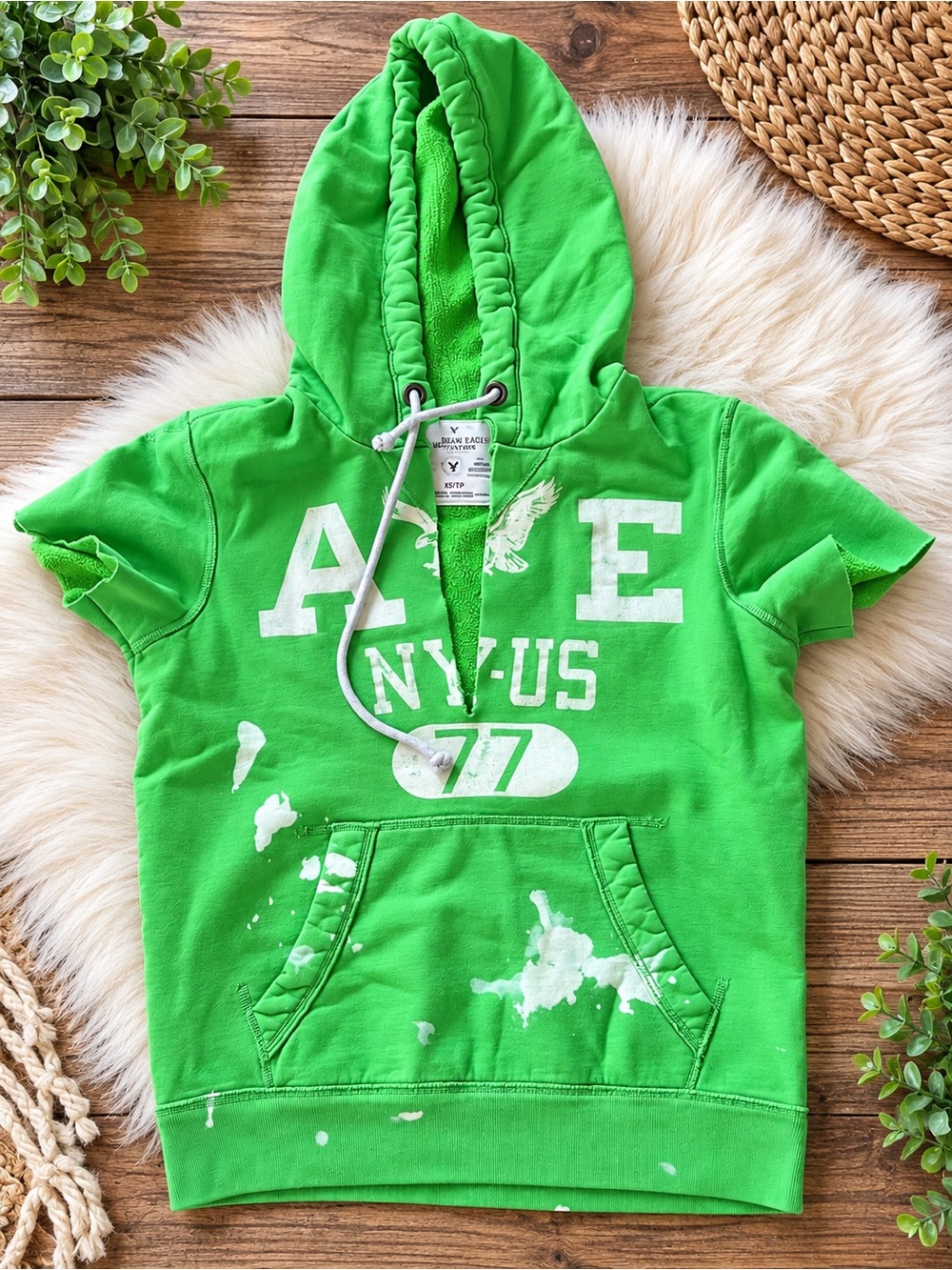American Eagle Outfitters Neon Green Short-Sleeve Hoodie with White Graphic 740